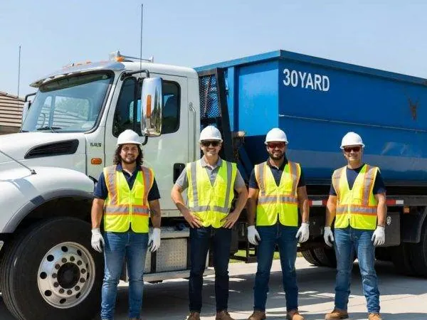 The Big Joey's Dumpster Rental crew in high-visibility vests beside a roll-off truck in Dothan, AL