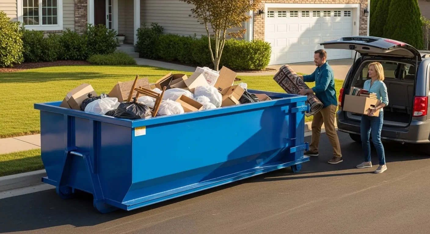 Blue roll-off dumpster on a residential driveway in Dothan, AL being loaded with household junk