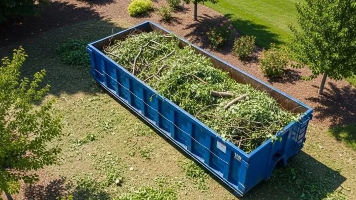 Roll-off dumpster loaded with yard waste and branches in Dothan, AL