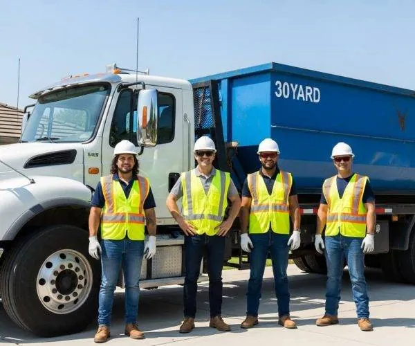 The Big Joey's Dumpster Rental team standing in front of a roll-off truck and 30 yard container in Dothan
