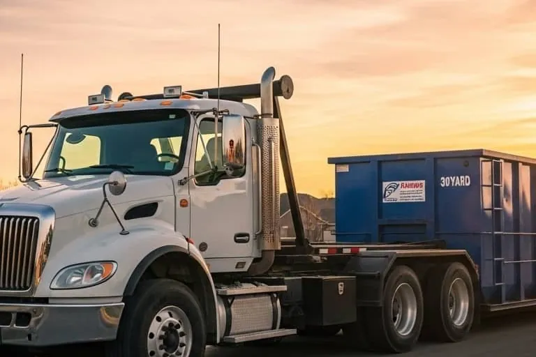 White roll-off truck with a 30 yard container at sunset near Dothan, AL